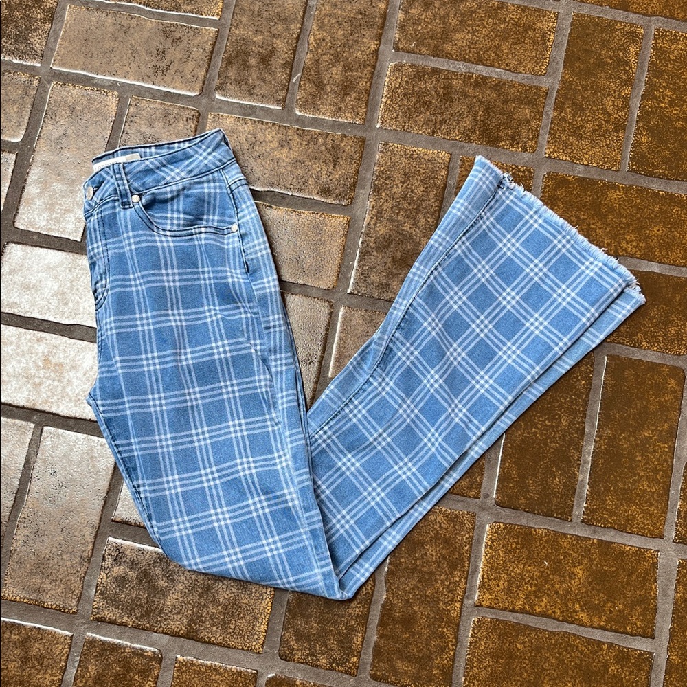 Celebrity Ace Blue Plaid High Rise Flare Leg Jean